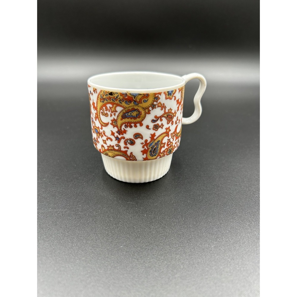 Vintage Mid-Century Paisley Ceramic Cup Made in Japan Orange Blue Psychedelic